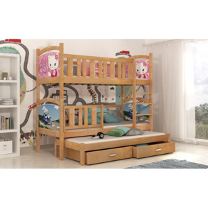 Detská poschodová posteľ DOBBY s obojstrannou potlačou + matrac + rošt ZADARMO, 184x80 cm, borovice/vzor dolná 08, horná 04
