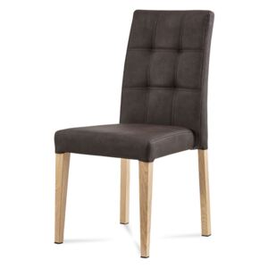 Jedálenská stolička, hnedá látka v dekore brúsenej kože, kovová podnož, 3d dekor dub