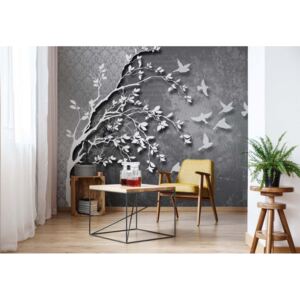 GLIX Fototapeta - Modern Tree Leaves Birds Grey Vliesová tapeta - 312x219 cm