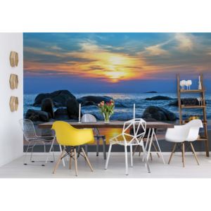Fototapeta - Beach Rocks Sea Sunset Vliesová tapeta - 250x104 cm