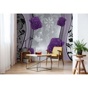 Fototapeta - Purple Roses Floral Design Purple And Silver Papírová tapeta - 184x254 cm
