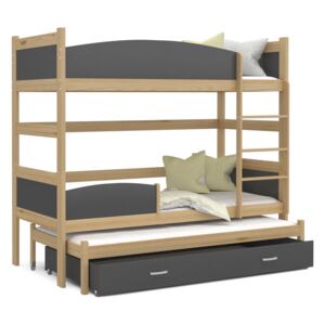 Detská poschodová posteľ s prístelkou a zásuvkou TWISTER - 190x80 cm - sivá / borovica
