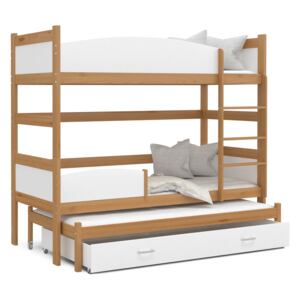 Detská poschodová posteľ s prístelkou a zásuvkou TWISTER - 190x80 cm - biela / jelša