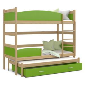 Detská poschodová posteľ s prístelkou a zásuvkou TWISTER - 190x80 cm - zelená / borovica