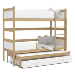 Detská poschodová posteľ s prístelkou a zásuvkou TWISTER - 190x80 cm - biela / borovica