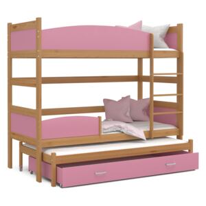 Detská poschodová posteľ s prístelkou a zásuvkou TWISTER - 190x80 cm - ružová / jelša