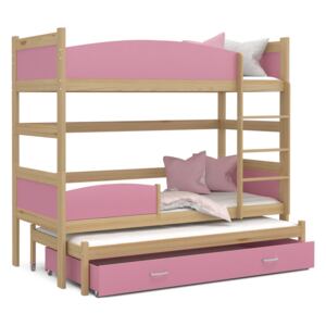 Detská poschodová posteľ s prístelkou a zásuvkou TWISTER - 190x80 cm - ružová / borovica