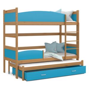 Detská poschodová posteľ s prístelkou a zásuvkou TWISTER - 190x80 cm - modrá / jelša