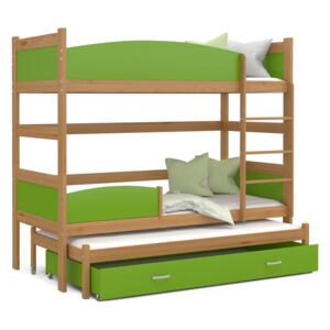 Detská poschodová posteľ s prístelkou a zásuvkou TWISTER - 190x80 cm - zelená / jelša
