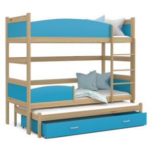 Detská poschodová posteľ s prístelkou a zásuvkou TWISTER - 190x80 cm - biela / borovica [CLONE]