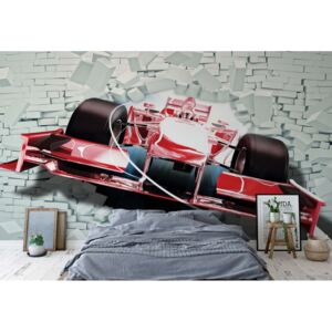 GLIX Fototapeta - Formula 1 Racing Car Bursting Through Brick Wall 3D Illusion Vliesová tapeta - 254x184 cm