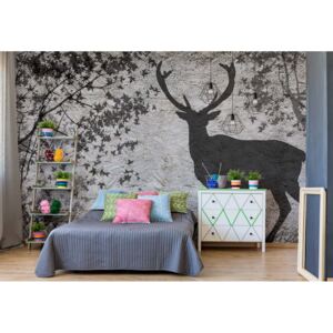 Fototapeta - Stag Tree Silhouette Vintage Design Grey Vliesová tapeta - 368x254 cm