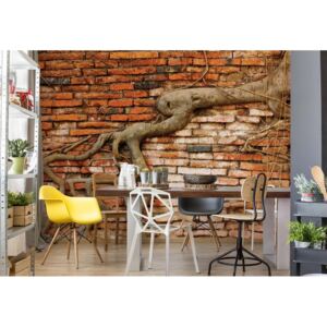 Fototapeta - Grunge Brick Wall Texture Tree Roots Vliesová tapeta - 368x254 cm