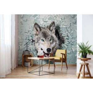 Fototapeta - Wolf 3D Bursting Through Brick Wall Vliesová tapeta - 254x184 cm