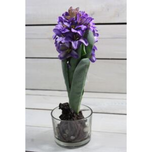 Umelý kvet HIACINT v sklenenom kvetináči (v. 28 cm, p. 10 cm) - fialový