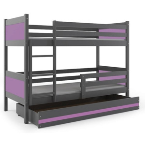 Poschodová posteľ BALI+UP + matrace + rošt ZADARMO, 190x80 cm, grafit, fialová