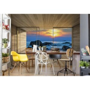GLIX Fototapeta - Beach Sunset 3D Modern Window View Vliesová tapeta - 254x184 cm