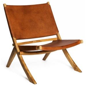 Koňakovohnedá stolička s konštrukciou z teakového dreva a sedadlom z hovädzej kože Simla Fold