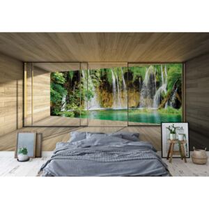 GLIX Fototapeta - Waterfall Lake 3D Modern Window View Vliesová tapeta - 368x254 cm