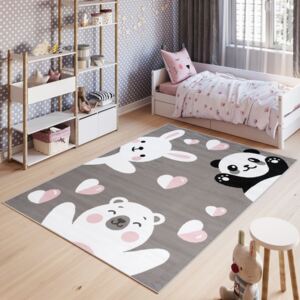 Detský koberec PINKY Bear Panda Rabbit sivý - 80x150 cm