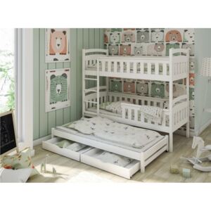Detská poschodová posteľ z masívu borovice Hermionu s prístelkou a zásuvkami- 200x90 cm - biela