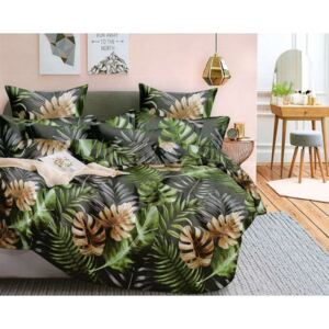 Šedé posteľné obliečky s moderným motívom hnedo-zelených listov Zelená
