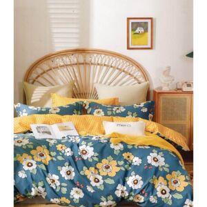 Bavlnené obojstranné modro žlté posteľné obliečky s kvetmi Žltá