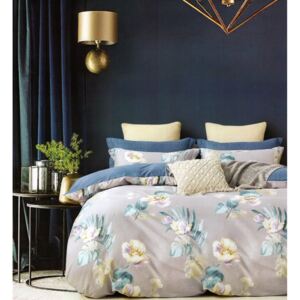 Sivo modré bavlnené posteľné obliečky s kvetmi Sivá