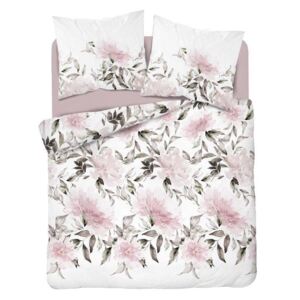 Brilantné biele bavlnené posteľné obliečky s ružovými kvetmi Biela