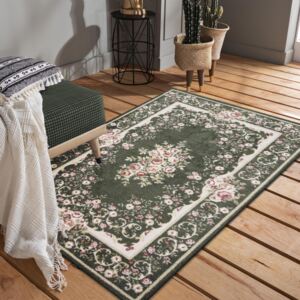 Nadčasový zelený rustikálny koberec s ružovými kvetmi Zelená Šírka: 80 cm | Dĺžka: 150 cm