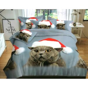 Vianočné posteľné obliečky mačka s mikulášskou čapicou 160x200 SKLADOM Sivá