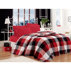 Set bavlneného plédu cez posteľ, plachta a 2 obliečky na vankúš Iskoc Red Black White, 200 x 240 cm