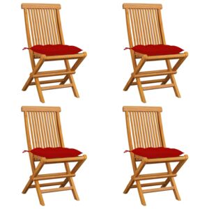 Záhradné stoličky s červenými podložkami 4 ks tíkový masív