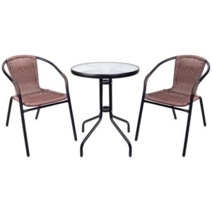 Set balkónový ALESIA, hnedý, stôl 70x60 cm, 2x stolička 52x55x73 cm, oceľ