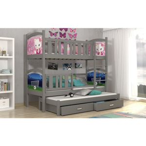 Detská poschodová posteľ DOBBY 3 color s obojstrannou potlačou + matrac + rošt ZADARMO, 184x80 cm, šedá/vzor dolná 21, horná 06
