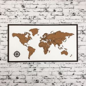 Korková, zapichovacia mapa sveta na stenu s rámom, 100x54cm