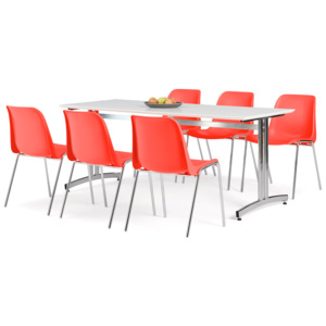 Jedálenská zostava 1x stôl Š 1800 x H 700, biela / chróm, 6x stolička červe