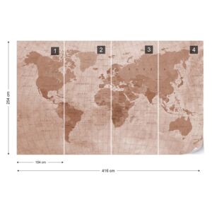 Fototapeta - World Map Textured Sepia Vliesová tapeta - 416x254 cm