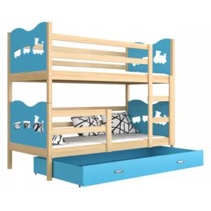GL Detská poschodová posteľ Fox 190x80 modrá Farba: Borovica, Motív: Vláčik