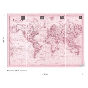 Fototapeta - Vintage World Map Pink Vliesová tapeta - 416x290 cm