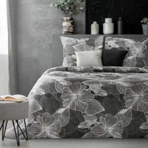 Luxusné čierno biele posteľné obliečky bavlnený satén s bielymi kvetmi Čierna