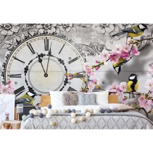 Fototapeta GLIX - Birds, Clock, And Cherry Blossom Floral Vintage + lepidlo ZADARMO Vliesová tapeta - 208x146 cm