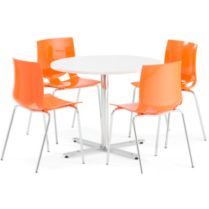 Jedálenská zostava: stôl Tilo + 4 oranžové stoličky Juno