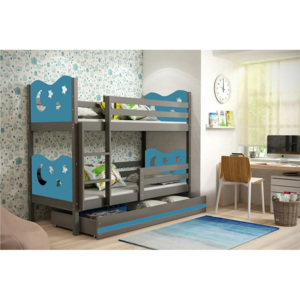 Poschodová posteľ KAMIL + matrac + rošt ZADARMO, 80x190 cm, grafit, modrá