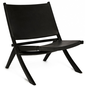 Čierna stolička s konštrukciou z teakového dreva a sedadlom z hovädzej kože Simla Fold