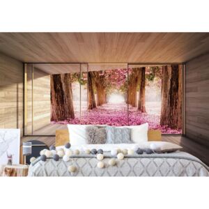 Fototapeta - Forest Pink Blossom 3D Modern Window View Vliesová tapeta - 368x254 cm