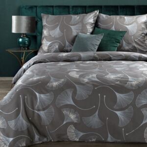 Kvalitné sivé posteľné obliečky bavlnený satén so strieborným vzorom ginkgo 140 x 200 cm Sivá