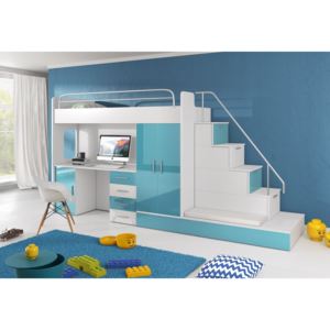 Detská poschodová posteľ RAJ 5, 80x200, univerzálna orientácia, biela/tyrkysová lesk