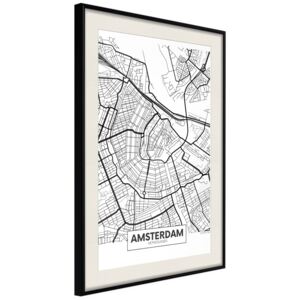 Bimago Zarámovaný obraz - City map: Amsterdam Čierny rám s paspartou 40x60 cm