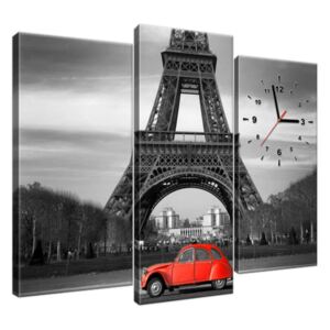 Obraz s hodinami Červené auto pod Eiffelovou vežou 90x70cm ZP1116A_3C